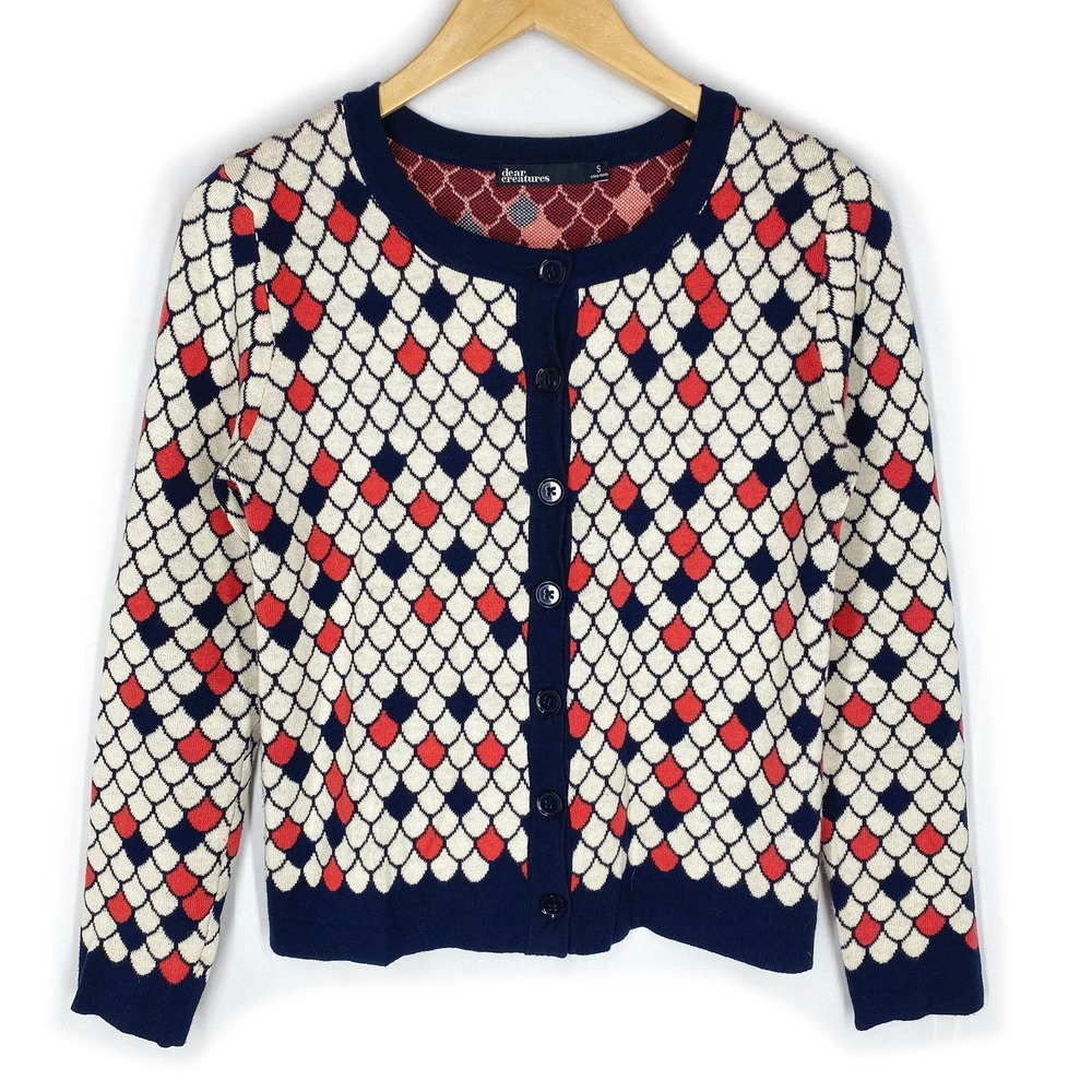 Dear Creatures Scale Cardigan Sweater White Cream Red Knit Fish Mermaid Dragon S